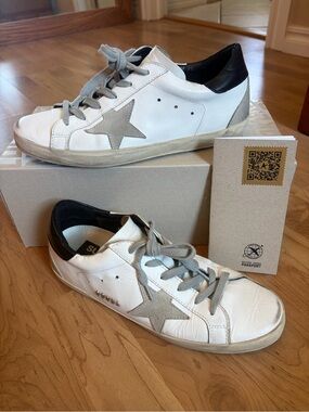 Golden Goose White Leather Sneakers with Gray Star and Black Heel